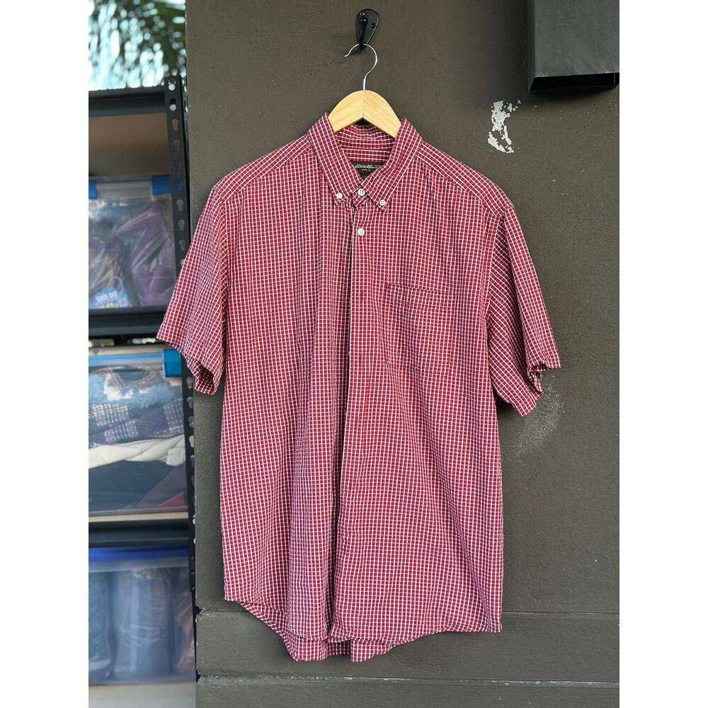 Eddie Bauer Men’s Large Cotton Orange Plaid Button Down Short Sleeve Shirt